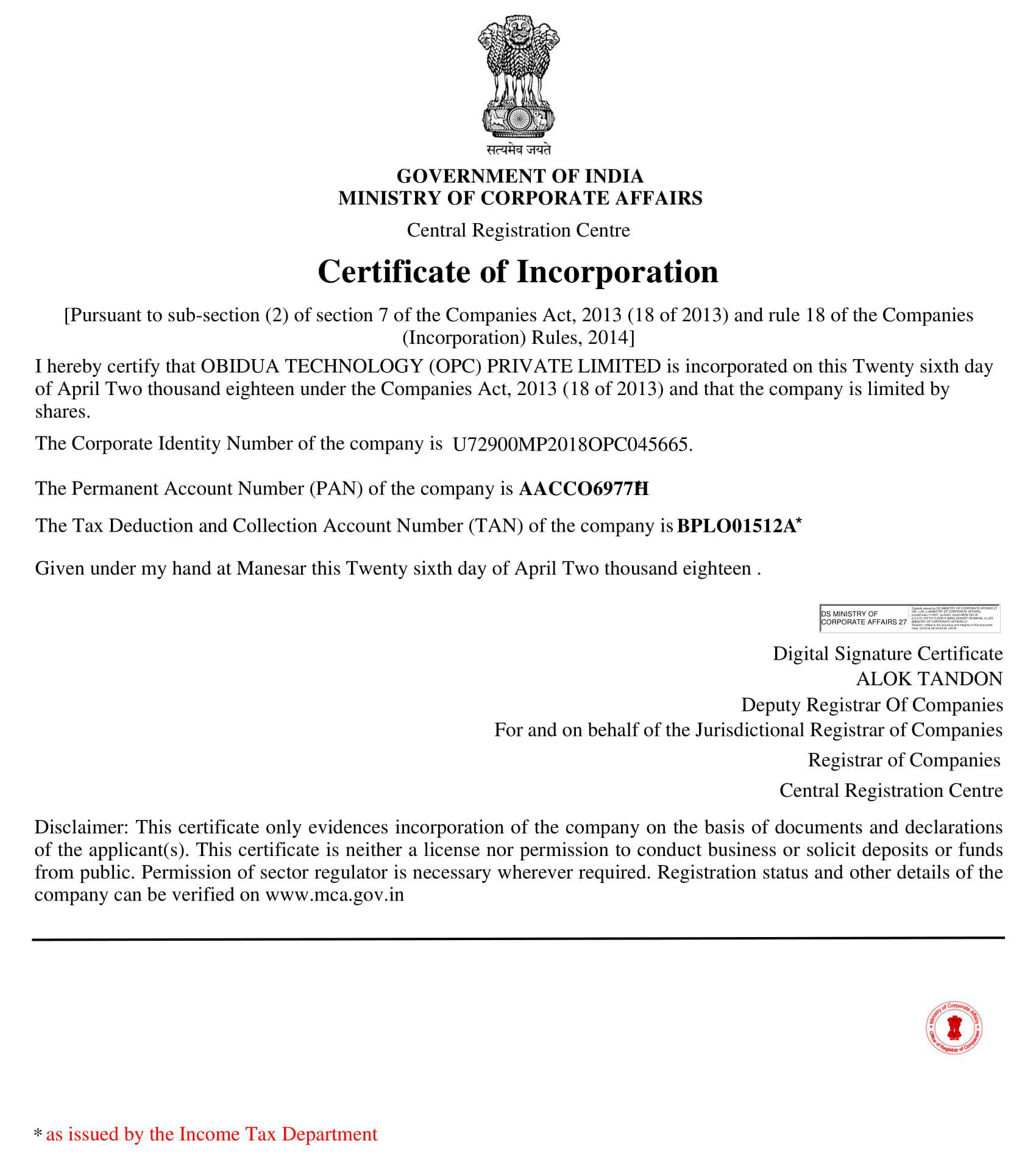 Certificate of Incorporation